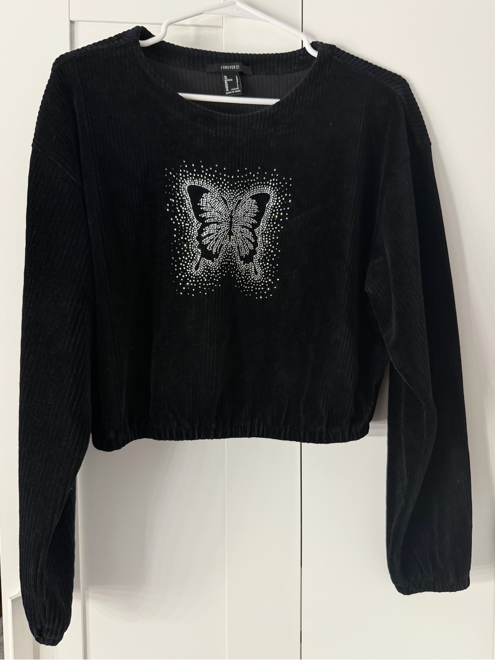 Forever 21 Black Butterfly Embellished Corduroy Cropped Sweatshirt